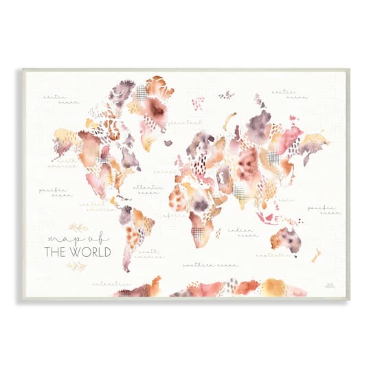 Stupell Industries Abstract Floral World Map Watercolor Pink Purple Wall Plaque